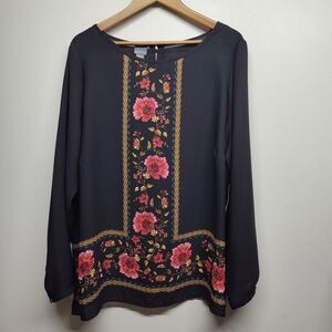 New Covington Tunic Top Women Size 3X Black Red Floral Relaxed Long Sleeve